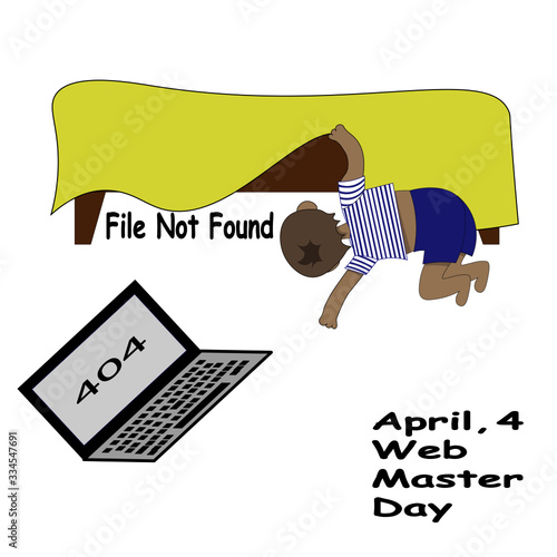 Web Master's Day greeting card. Boy is standing on his knees and looking under the bed. He is seeking lost file. There is 404 error on laptop's monitor - File Not Found. 