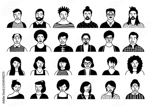 Hand drawn set of persons, avatars, people heads of different ethnicity and age in flat style. Multi nationality people faces social network line icons vector collection.