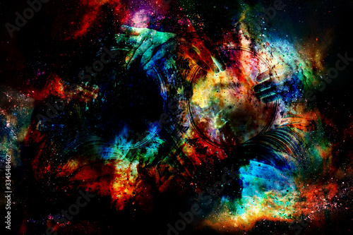 Woman drummer with her drum, Ornamental darbuka on abstract structured space background.