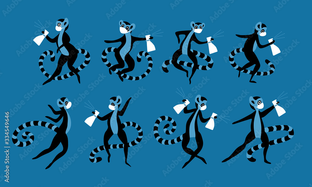 Cute cartoon lemurs with desinfection spray and face masks. Animal characters fighting with dangerous virus. Flat vector illustration.