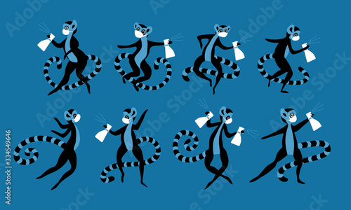 Cute cartoon lemurs with desinfection spray and face masks. Animal characters fighting with dangerous virus. Flat vector illustration.