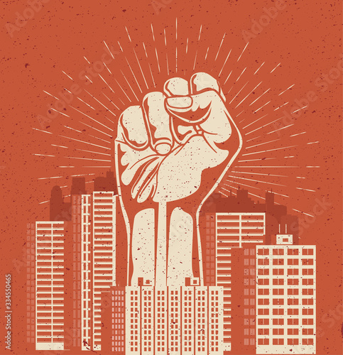 Raised up giant arm fist above red cityscape. Protest or manifestation poster or banner concept. Vintage styled vector illustration.