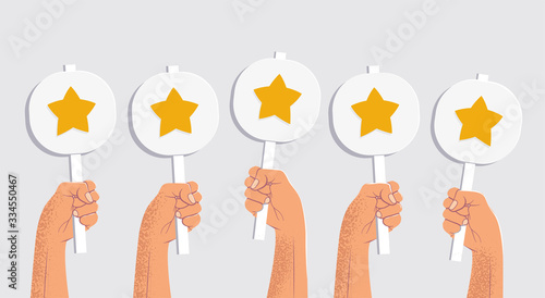Five hands holding tables with the stars. Five stars costumer rating or feedback concept. Isolated on gray background. Vector illustration.