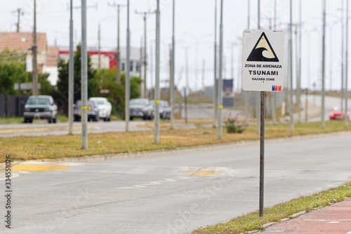 PUNTA ARENAS, CHILE - January 2020: Sign of Tsunami Alert - Hazard Zone