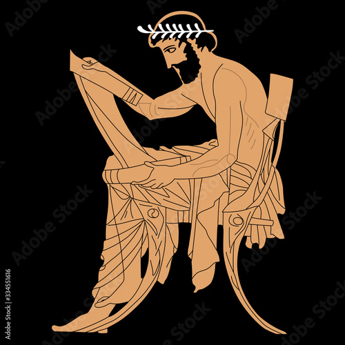 Seated ancient Greek man reading a scroll. Vase painting style. Isolated vector illustration.
