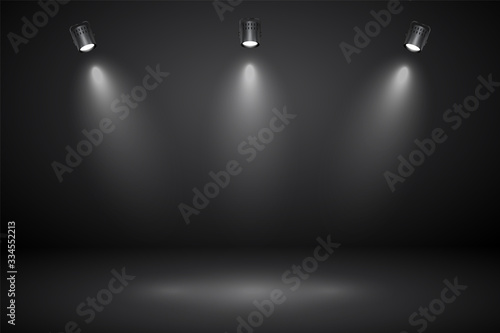 Empty gray studio abstract background with spotlights. Product showcase backdrop.