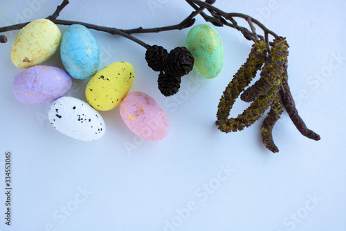 cut willow twigs on white background with muiticolored eggs for Easter. concept photo