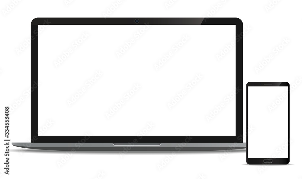 Mock up set Laptop and Smartphone realistic style mockup device set icons for user interface applications and responsive web design with a blank screen. Mock up set Laptop and Smartphone realistic style mockup device set icons for user interface applications and responsive web design with a blank screen.