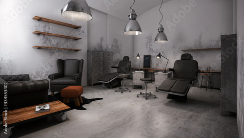 Industrial tattoo studio interior rendering