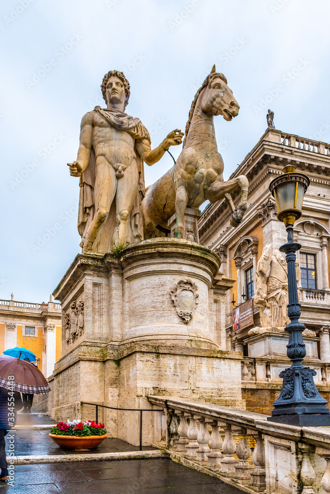 Rome, Italy. Equestrian statue of Pollux at the Cordonata Stairs at Piazza del Campidoglio (Capitol Square) on Capitoline Hill, the most important of Rome's seven (7) famous hills.
