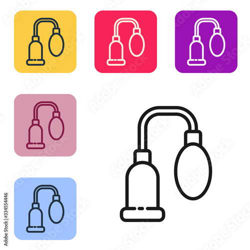 Black line Penis pump icon isolated on white background. Penis enlarger. Sex toy for men. Vacuum pump with a blower to increase the penis. Set icons in color square buttons. Vector Illustration