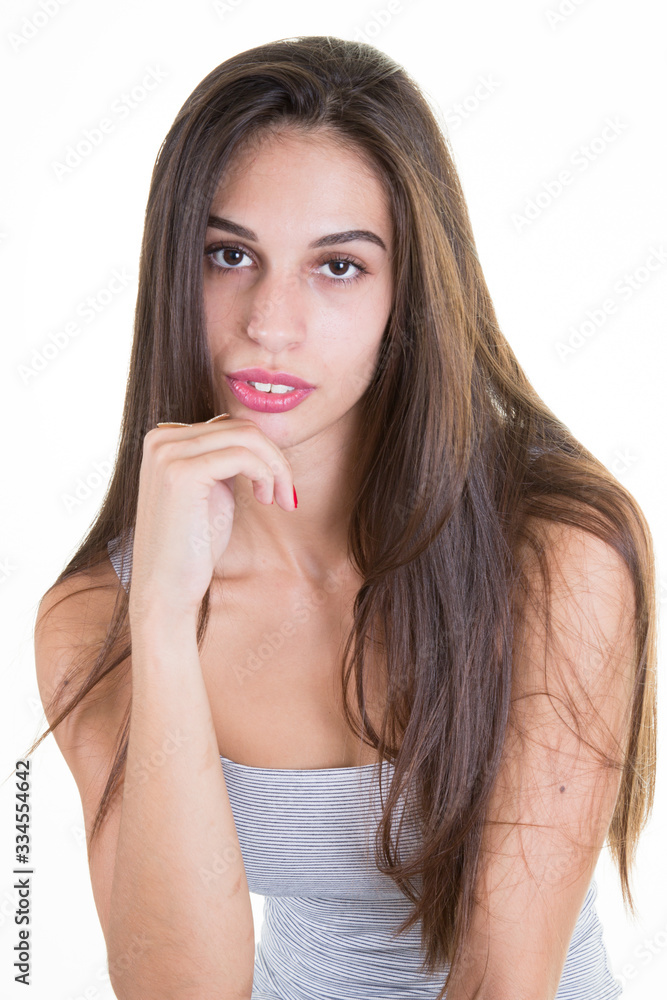 cheerful beautiful woman with happy smile hand on chin cheerful beautiful woman with happy smile hand on chin