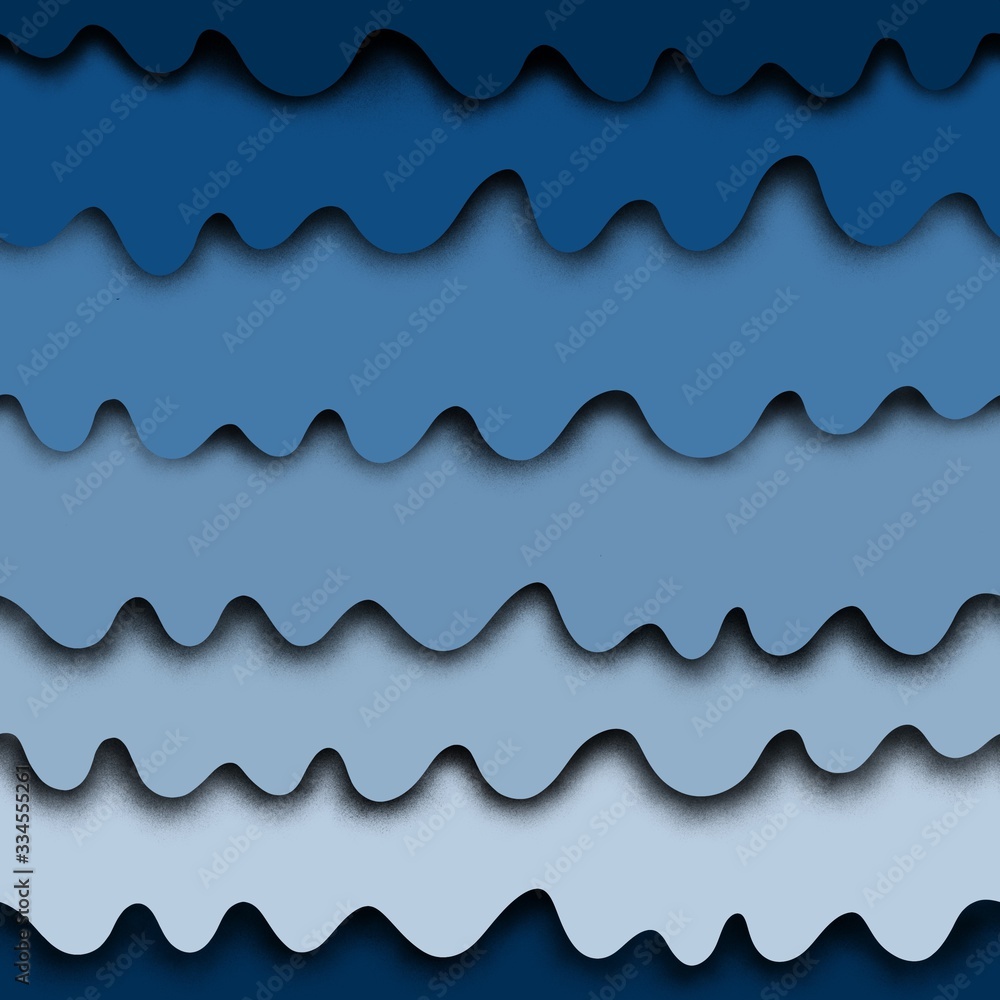 Seamless paper cut pattern with blue ocean waves. 