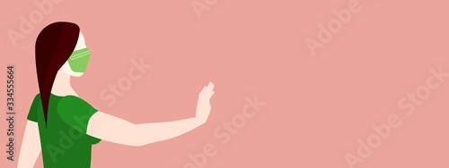 Woman wearing a mask with her hand out in a stop gesture to stop the spread of COVID-19 coronavirus disease concept vector