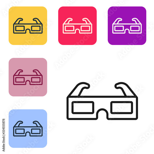 Black line 3D cinema glasses icon isolated on white background. Set icons in color square buttons. Vector Illustration
