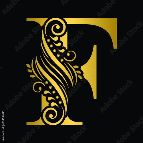 Fototapeta Naklejka Na Ścianę i Meble -  Gold letter F. Vintage golden flower ornament initial letters.  Alphabet. Logo vector 