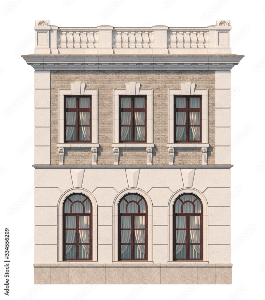 Fototapeta premium Facade of a two-story classic house with windows. 3D rendering