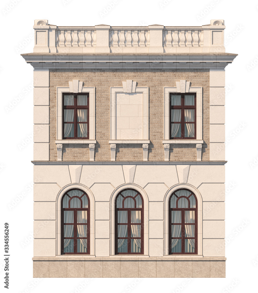 Facade of a two-story classic house with windows. 3D rendering