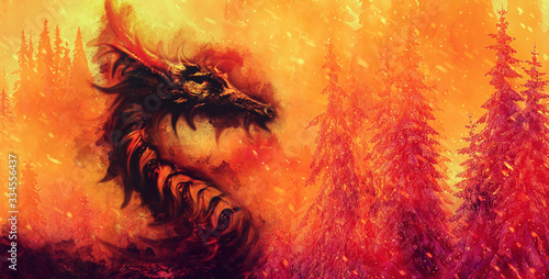 Canvas Print burning spruce forest ancient dragon, ecology concept.
