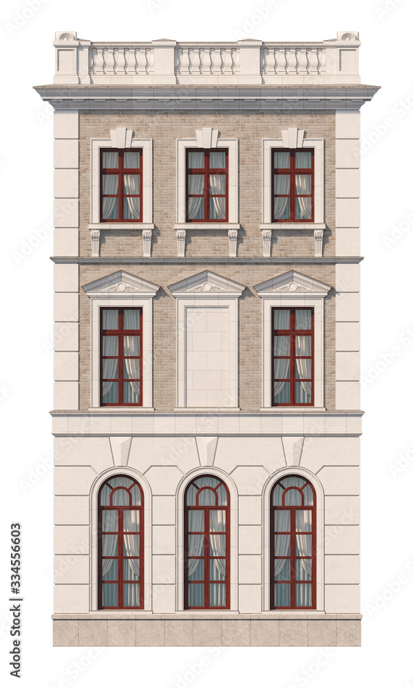 Facade of a three-story classic house with windows. 3D rendering