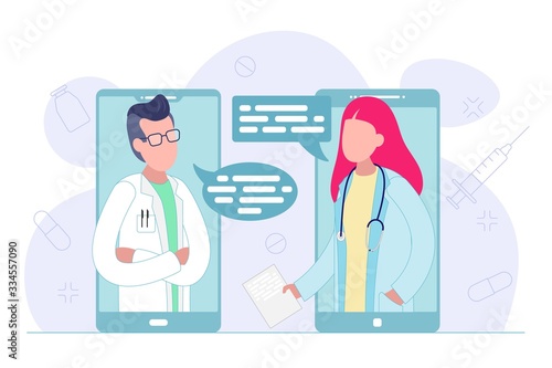 Online doctor consultation concept. Two doctors discussing the diagnosis remotely. Medical expert in smartphone. Flat vector illustration isolated on white background.