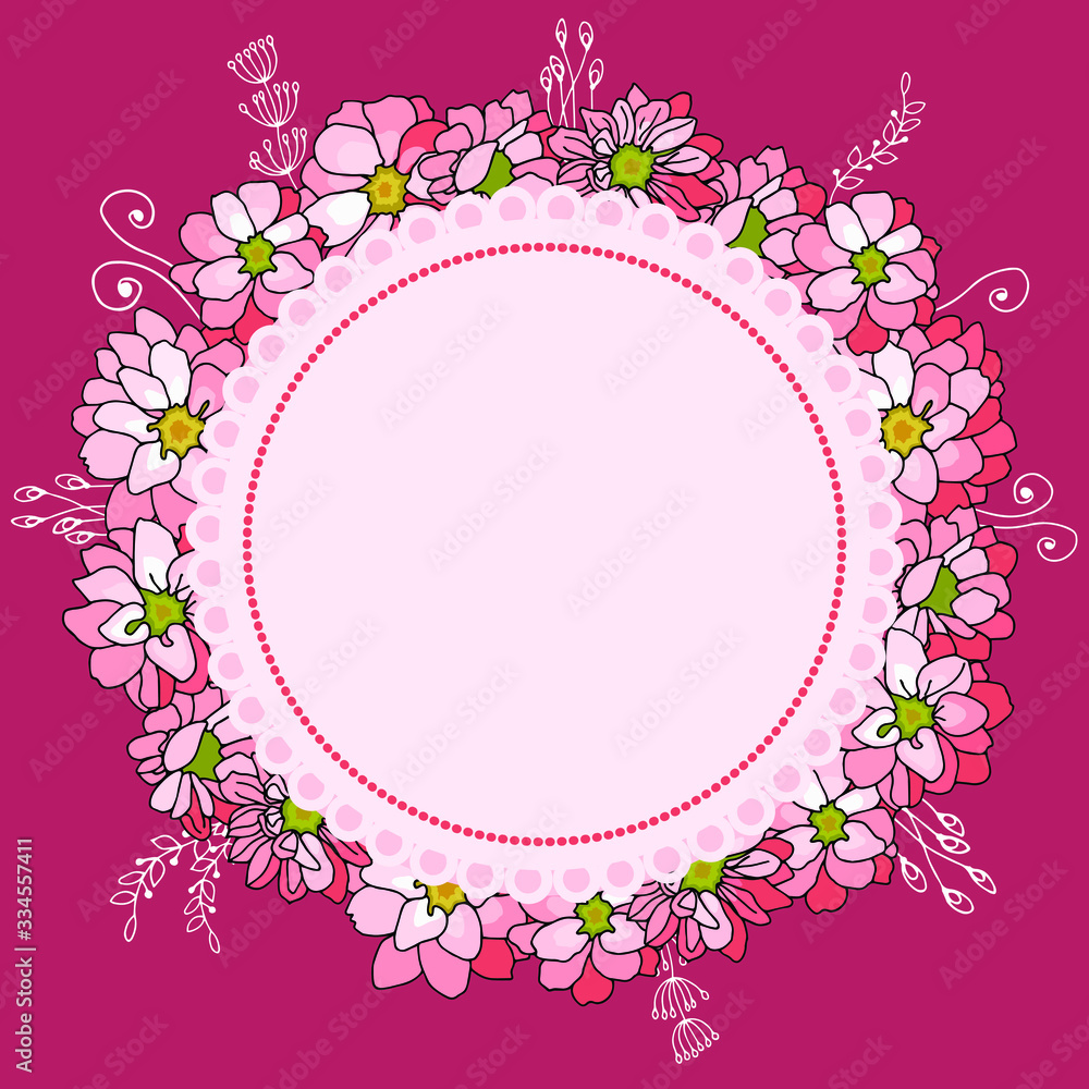 Round frame with beautiful flowers. Festive floral circle for your season design.