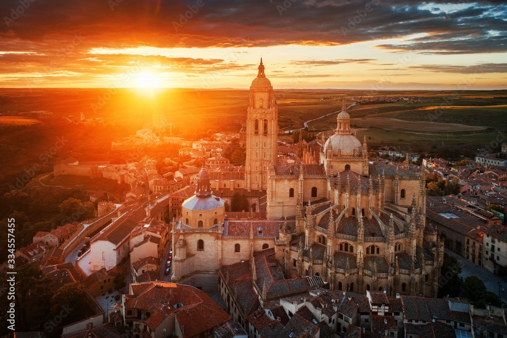 Segovia Cathedral aerial view sunrise
