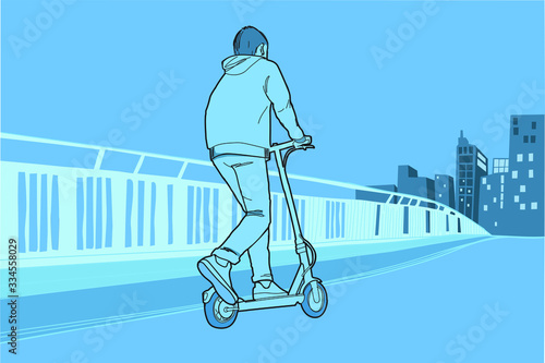 Chico en un patinete con una ciudad al fondo