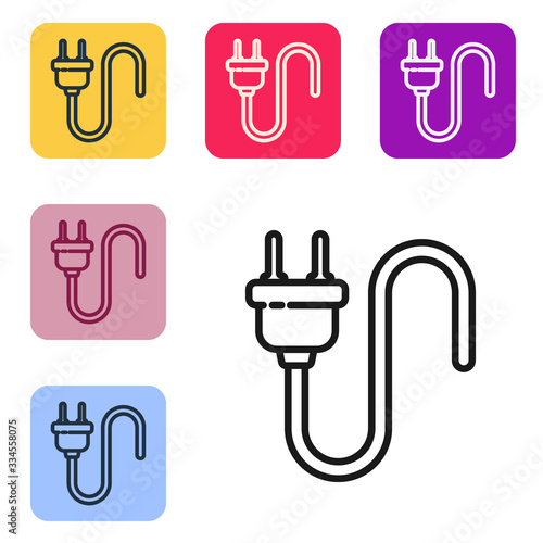 Black line Electric plug icon isolated on white background. Concept of connection and disconnection of the electricity. Set icons in color square buttons. Vector Illustration