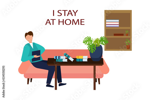 Coronavirus outbreak vector concept. A young man works or studies at home. Covid-19 virus in the air. Stay home with quarantine. Protect against viruses.