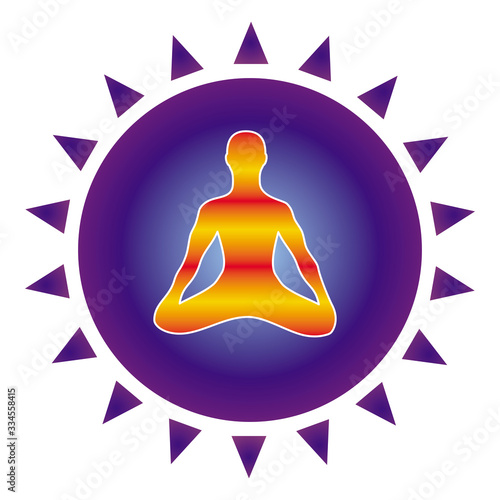 The silhouette of a yogi in an asana lotus in a blue circle, symbolizing immunity and aura. Vector art graphic.