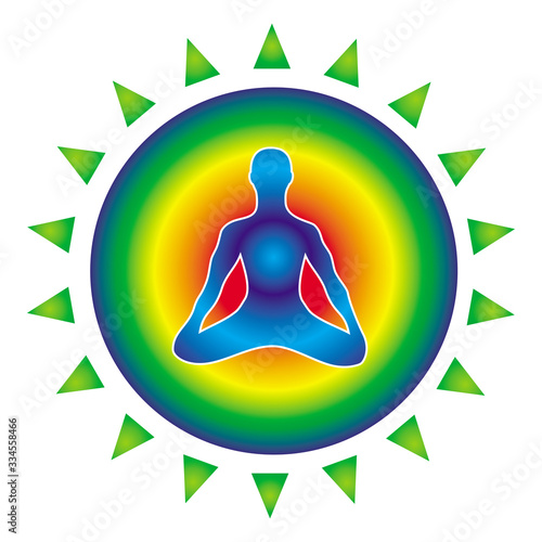 The silhouette of a yogi in an asana lotus in a green circle, symbolizing immunity. Metaphor - Yoga and meditation protect against the virus. Vector art graphic.