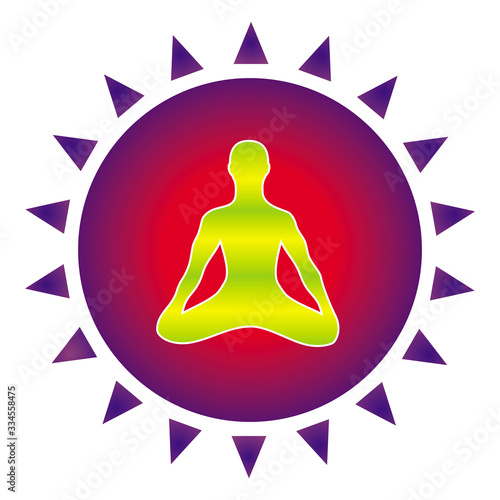 The silhouette of a yogi in an asana lotus in a colorful circle, symbolizing immunity and aura. Vector art graphic.