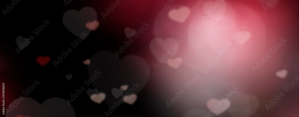 Love hearts panorama background.  Valentines day wide red rose blur banner.