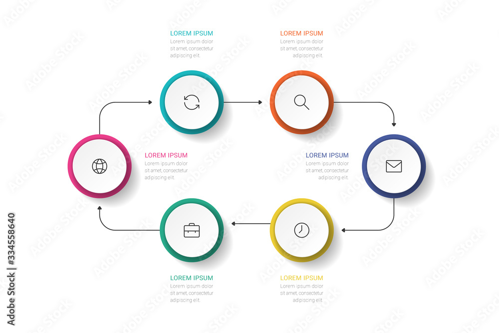Business process. Timeline infographics with 6 options, circles. Vector illustration.
