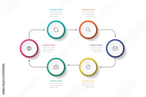 Business process. Timeline infographics with 6 options, circles. Vector illustration.