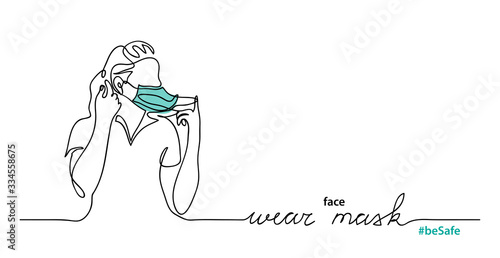 Woman in medical face mask. One continuous line drawing. Simple vector web banner, background. photo