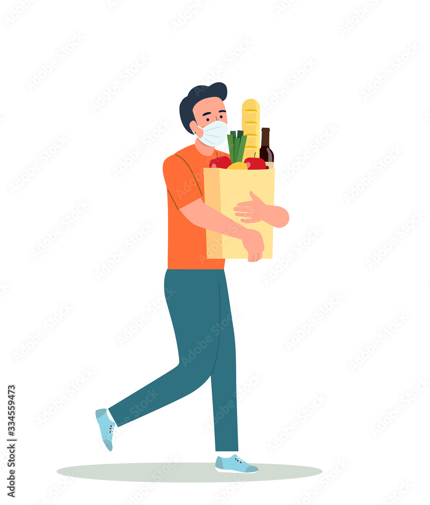 Man with face mask holding grocery bags. Vector flat style illustration. Man with face mask holding grocery bags. Vector flat style illustration.