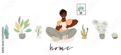 Man reading from her tablet while staying at home for quarantine. Vector art in minimal style. Handwritten phrase.