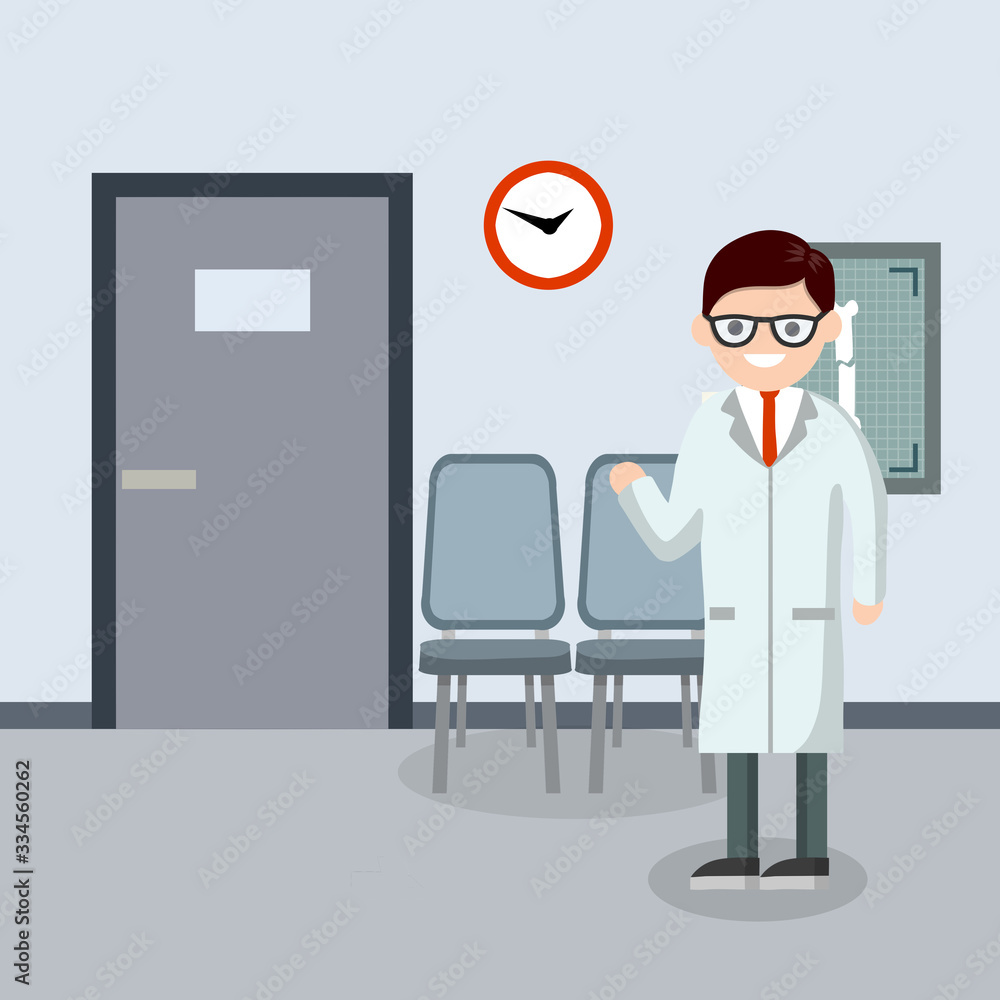 Doctor in medical office. Waiting room at clinic. Chairs and door. The furniture in the room. X-rays and clock on wall. Treatment and health. Cartoon flat illustration Doctor in medical office. Waiting room at clinic. Chairs and door. The furniture in the room. X-rays and clock on wall. Treatment and health. Cartoon flat illustration