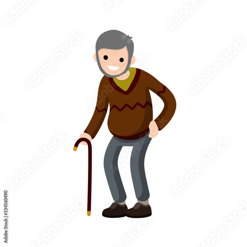 Funny old man with cane. Cartoon flat illustration. Senior and Active Lifestyle, recreation grandfather