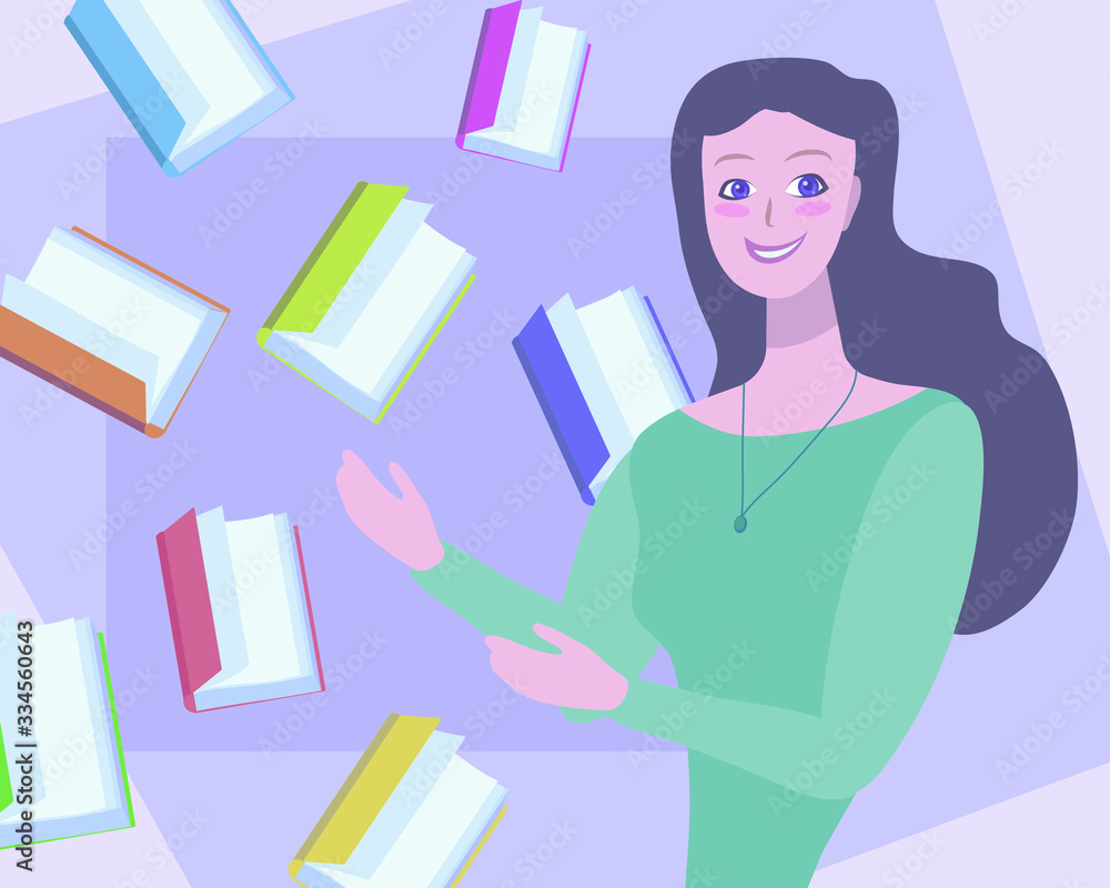 Cute vector smiling girl with dark hair points to flying colorful books illustration.Cute vector smiling girl with dark hair points to flying colorful books illustration.Cute vector smiling girl with 