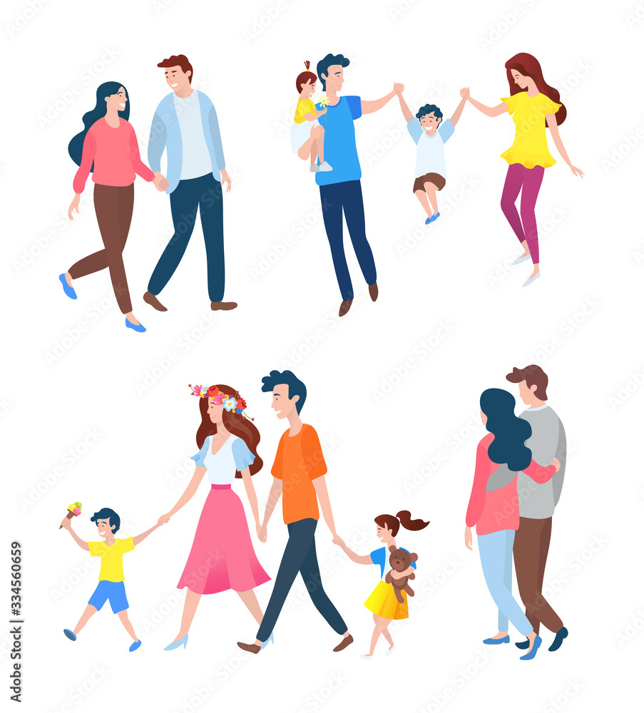 Smiling people going together, portrait view of family set, happy parents walking with children, man and woman in casual clothes, togetherness vector