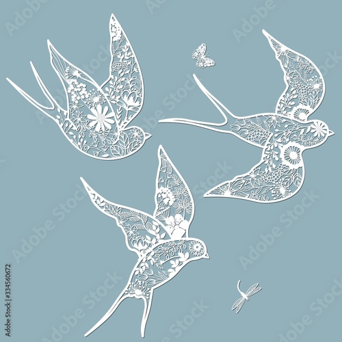 Set of stencils. Bird in flowers. Graphic vector decorative elements. Template suitable for laser cutting. Dragonfly and butterfly.