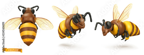 Bee, bumblebee. 3d cartoon vector icon set. Plasticine art illustration © Natis