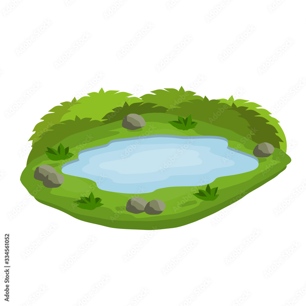 Pond and swamp, lake. Flat cartoon. Background for illustration. Landscape  with grass, stones and bush. Element of nature and forest and water.  Platform and ground Stock Vector | Adobe Stock