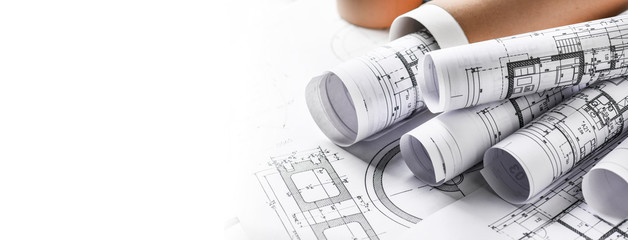 Technical drawings with measure tools. Pencil, measurement. Papers with technical drawings and diagrams on the table...C