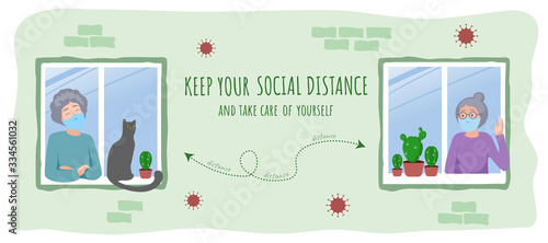 Elderly women in a medical mask communicate at a distance. Self-isolation during an epidemic. Protection of elderly parents from coronavirus. Illustration of prevention from virus pneumonia