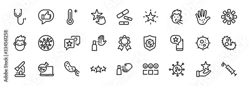CORONAVIRUS a set of icons on the theme of Coronavirus, contains such icons as nucleation, hand washing, mask, bacteria, sneezing, Editable stroke, on a white background