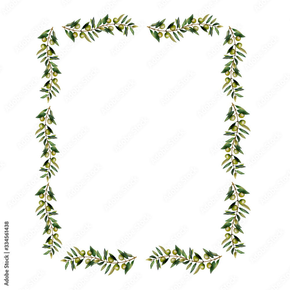 Watercolor illustration.Square frame of olive branches. . Isolated object on a white background. Print for textile, fabric, wallpaper